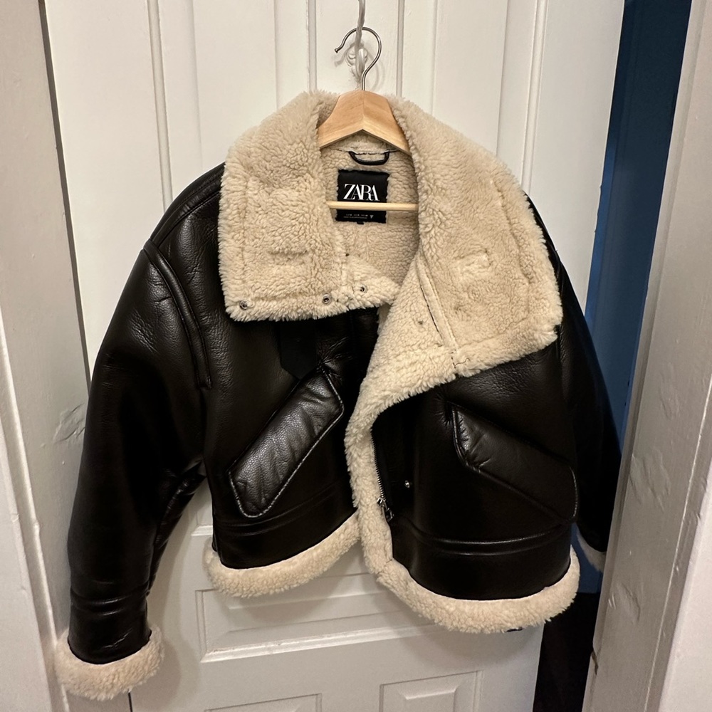 Zara Shearling Aviator Black Leather Coat Jacket